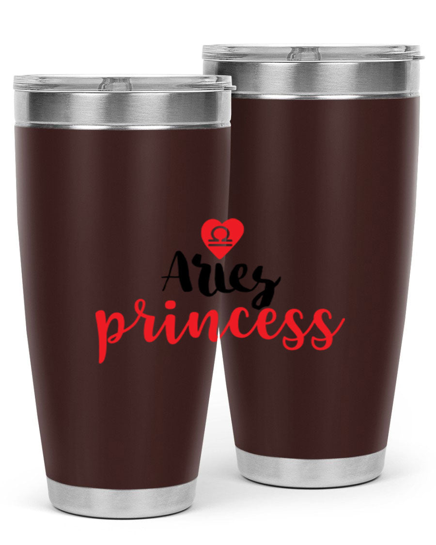 Aries Princess 98# Tumbler in stainless steel with a vibrant zodiac design, showcasing its double wall vacuum insulation and drink-thru lid.