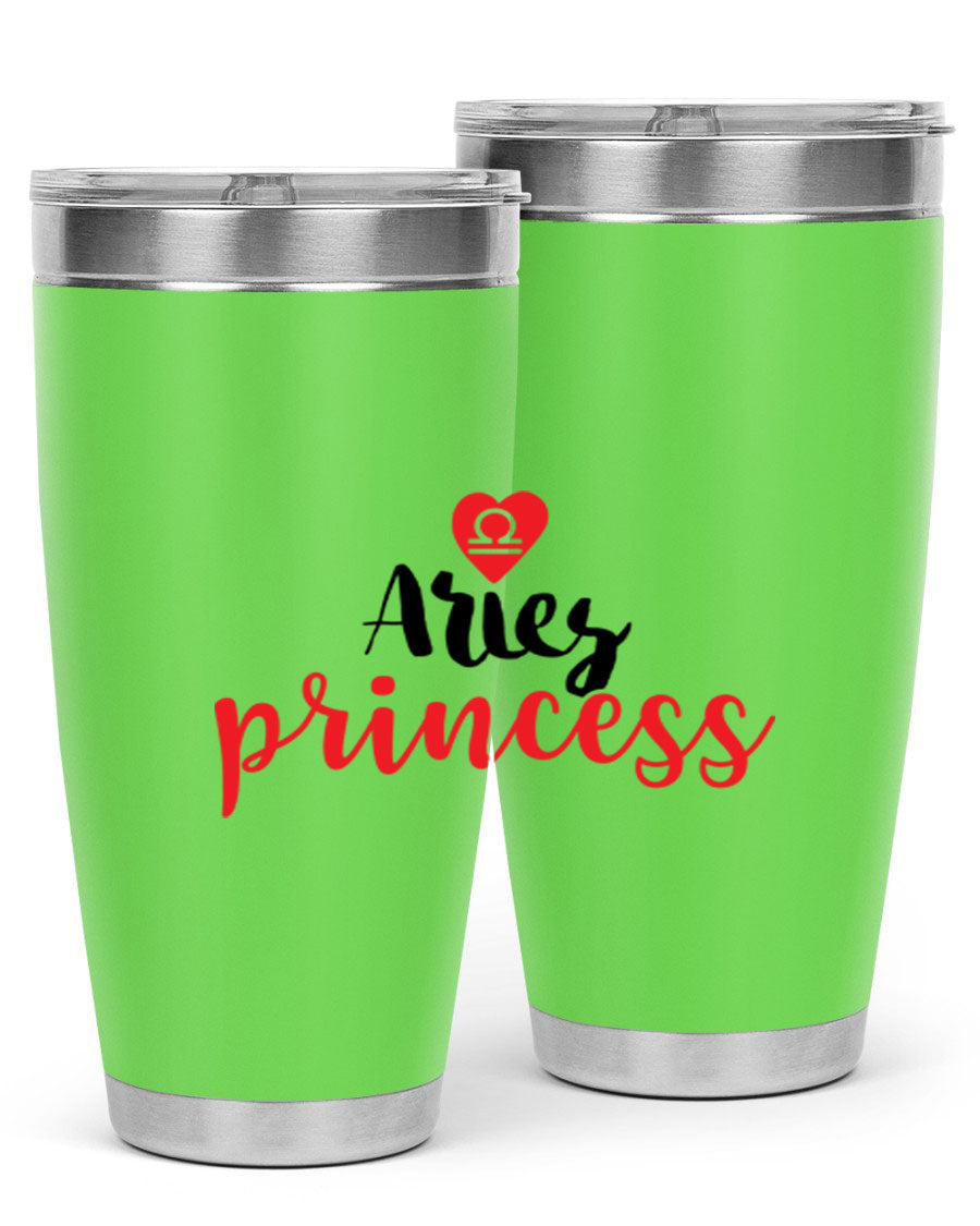 Aries Princess 98# Tumbler in stainless steel with a vibrant zodiac design, showcasing its double wall vacuum insulation and drink-thru lid.