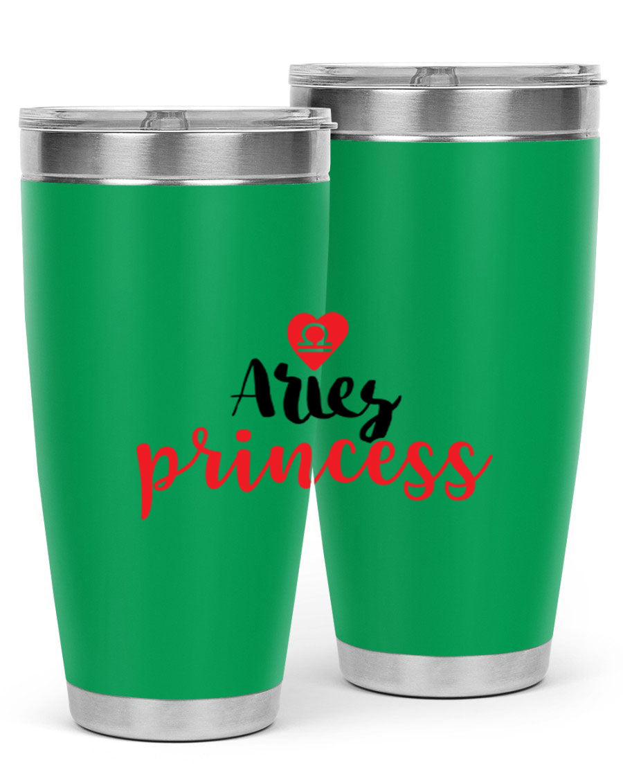 Aries Princess 98# Tumbler in stainless steel with a vibrant zodiac design, showcasing its double wall vacuum insulation and drink-thru lid.