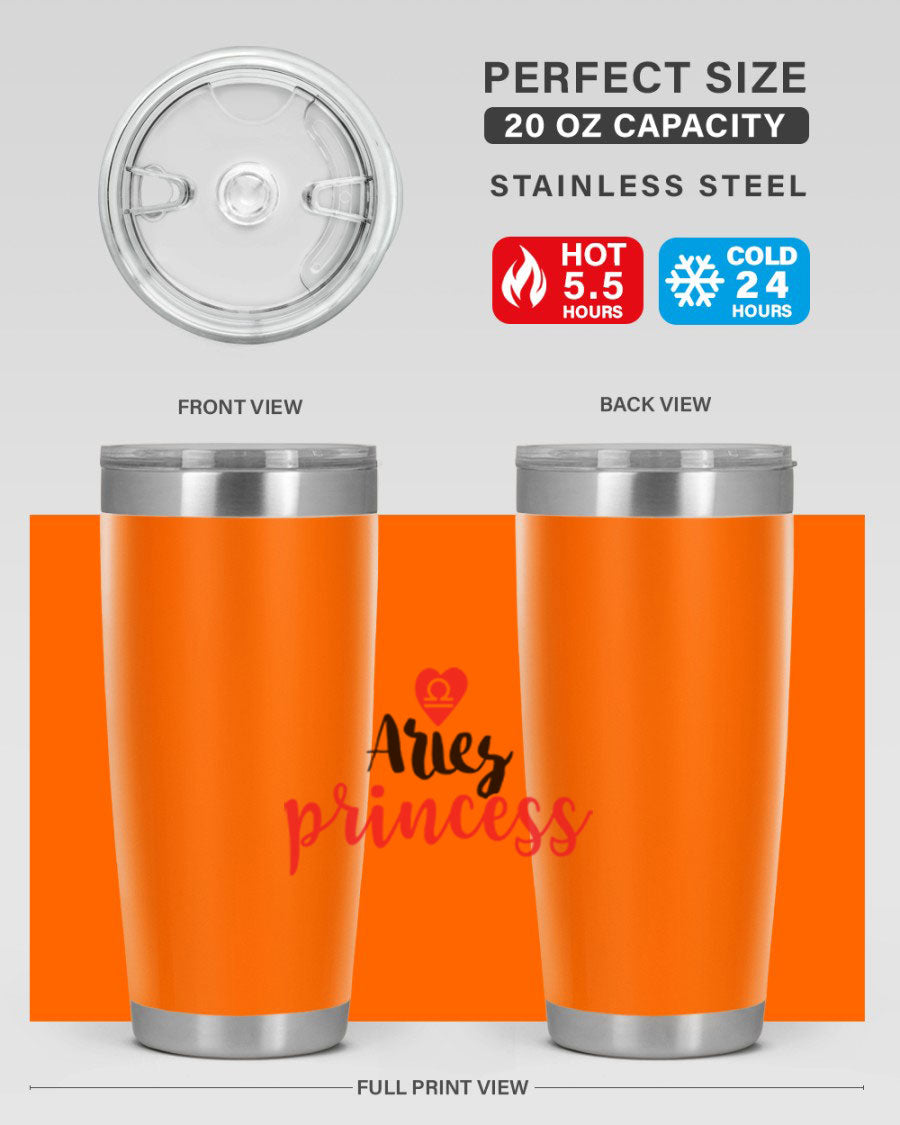 Aries Princess 98# Tumbler in stainless steel with a vibrant zodiac design, showcasing its double wall vacuum insulation and drink-thru lid.