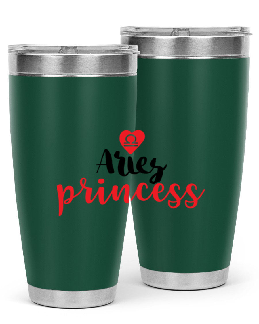 Aries Princess 98# Tumbler in stainless steel with a vibrant zodiac design, showcasing its double wall vacuum insulation and drink-thru lid.