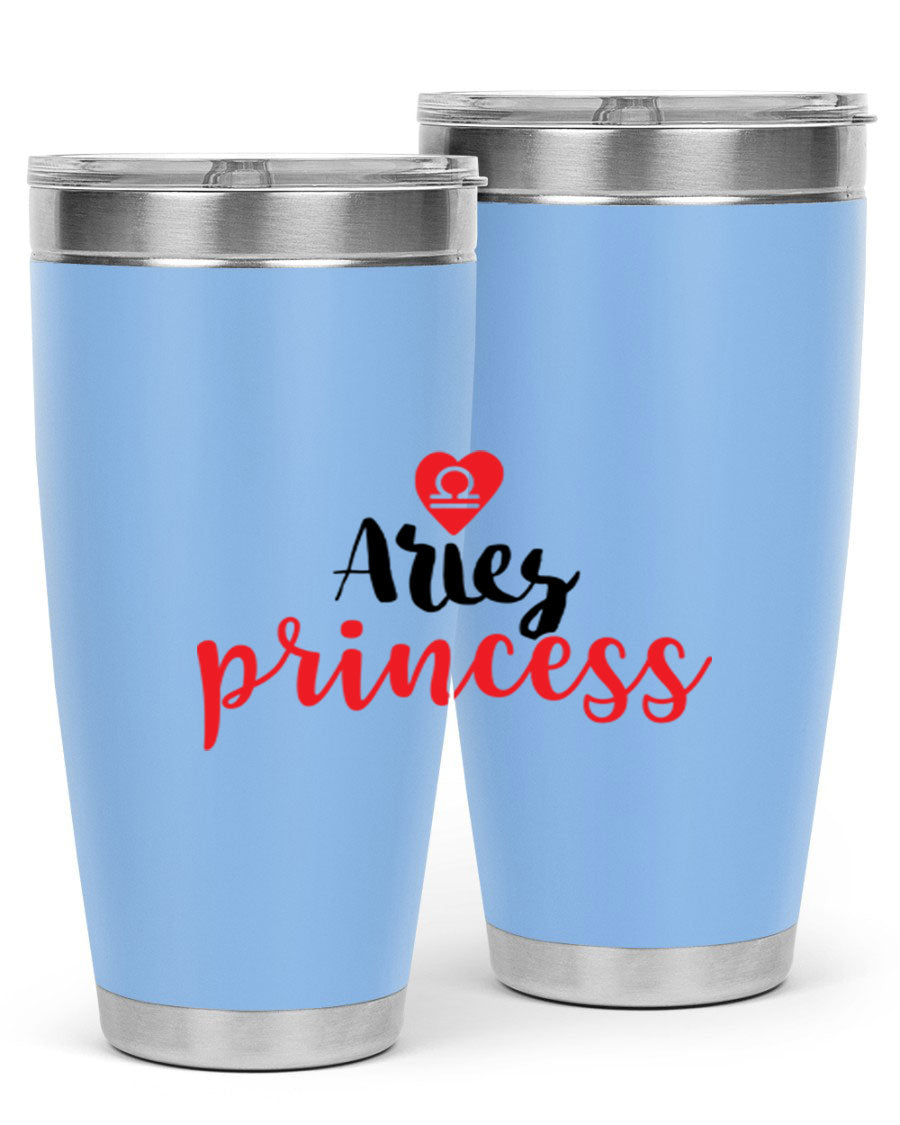 Aries Princess 98# Tumbler in stainless steel with a vibrant zodiac design, showcasing its double wall vacuum insulation and drink-thru lid.