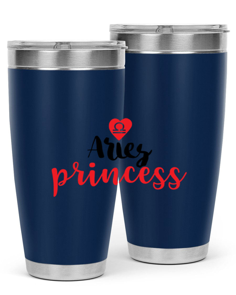 Aries Princess 98# Tumbler in stainless steel with a vibrant zodiac design, showcasing its double wall vacuum insulation and drink-thru lid.