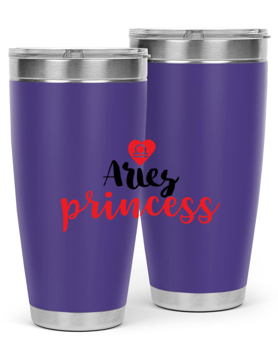 Aries Princess 98# Tumbler in stainless steel with a vibrant zodiac design, showcasing its double wall vacuum insulation and drink-thru lid.