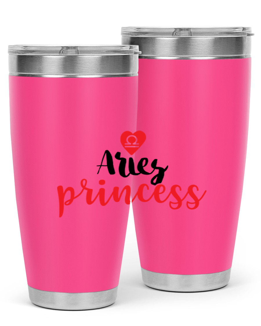 Aries Princess 98# Tumbler in stainless steel with a vibrant zodiac design, showcasing its double wall vacuum insulation and drink-thru lid.