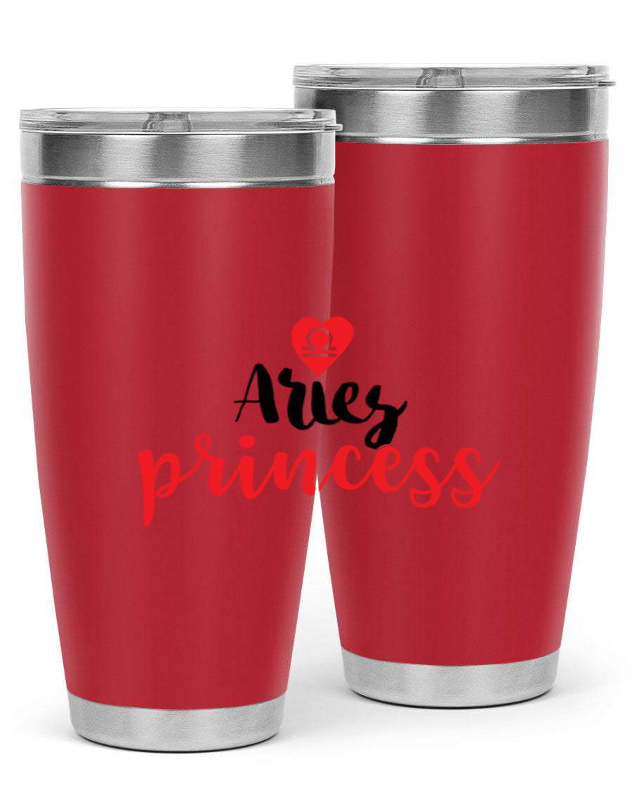 Aries Princess 98# Tumbler in stainless steel with a vibrant zodiac design, showcasing its double wall vacuum insulation and drink-thru lid.