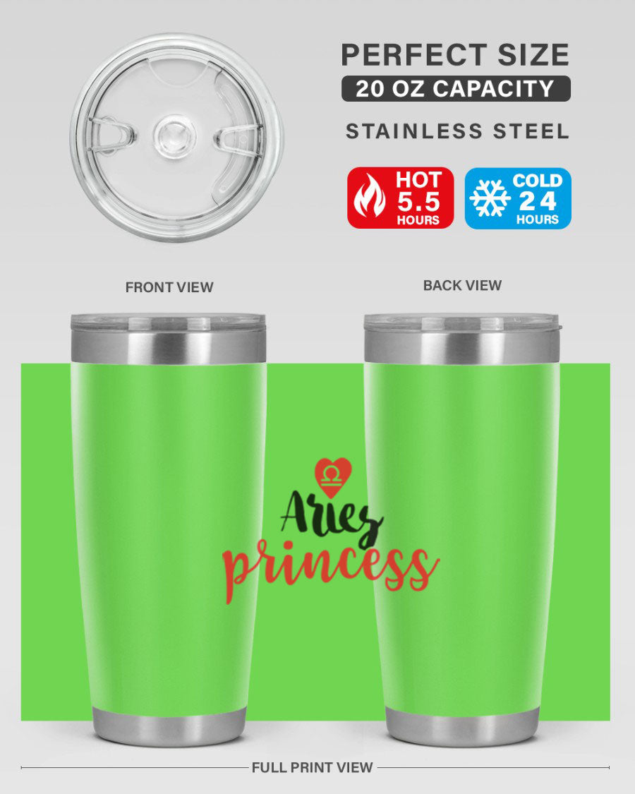 Aries Princess 98# Tumbler in stainless steel with a vibrant zodiac design, showcasing its double wall vacuum insulation and drink-thru lid.