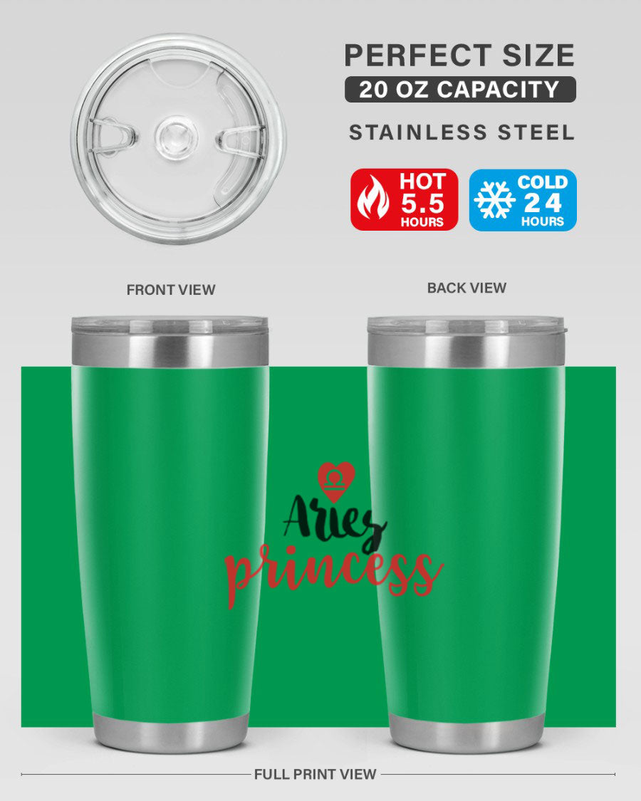 Aries Princess 98# Tumbler in stainless steel with a vibrant zodiac design, showcasing its double wall vacuum insulation and drink-thru lid.