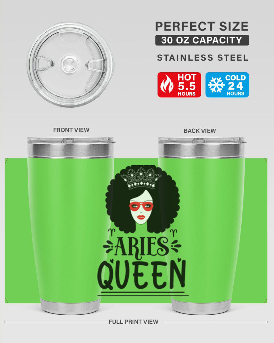 Aries Queen 20oz Tumbler featuring a stylish design, double wall vacuum stainless steel, and a drink-thru lid, perfect for hot and cold beverages.