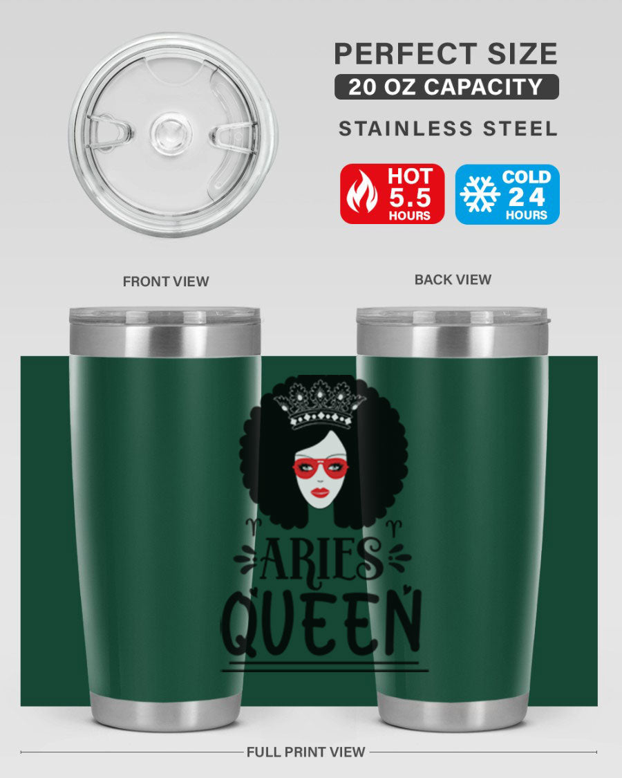 Aries Queen 20oz Tumbler featuring a stylish design, double wall vacuum stainless steel, and a drink-thru lid, perfect for hot and cold beverages.