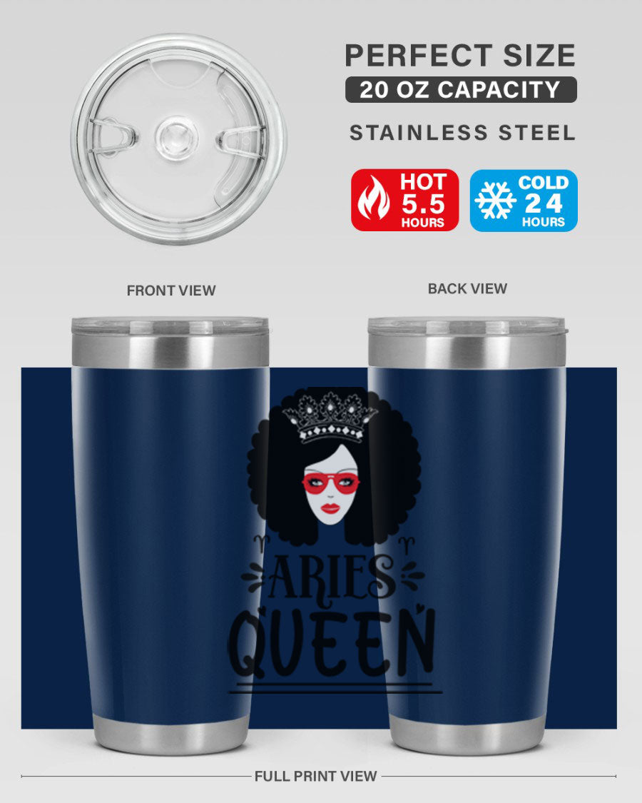 Aries Queen 20oz Tumbler featuring a stylish design, double wall vacuum stainless steel, and a drink-thru lid, perfect for hot and cold beverages.