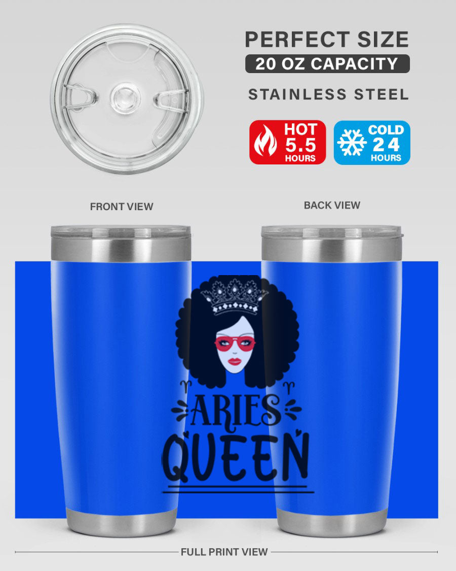 Aries Queen 20oz Tumbler featuring a stylish design, double wall vacuum stainless steel, and a drink-thru lid, perfect for hot and cold beverages.