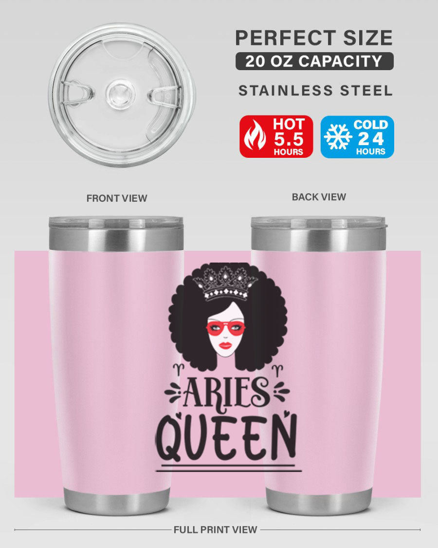 Aries Queen 20oz Tumbler featuring a stylish design, double wall vacuum stainless steel, and a drink-thru lid, perfect for hot and cold beverages.