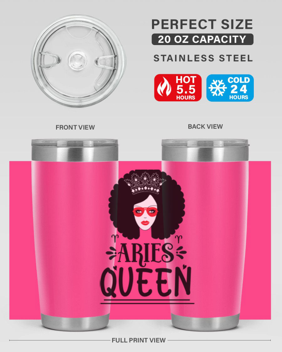 Aries Queen 20oz Tumbler featuring a stylish design, double wall vacuum stainless steel, and a drink-thru lid, perfect for hot and cold beverages.