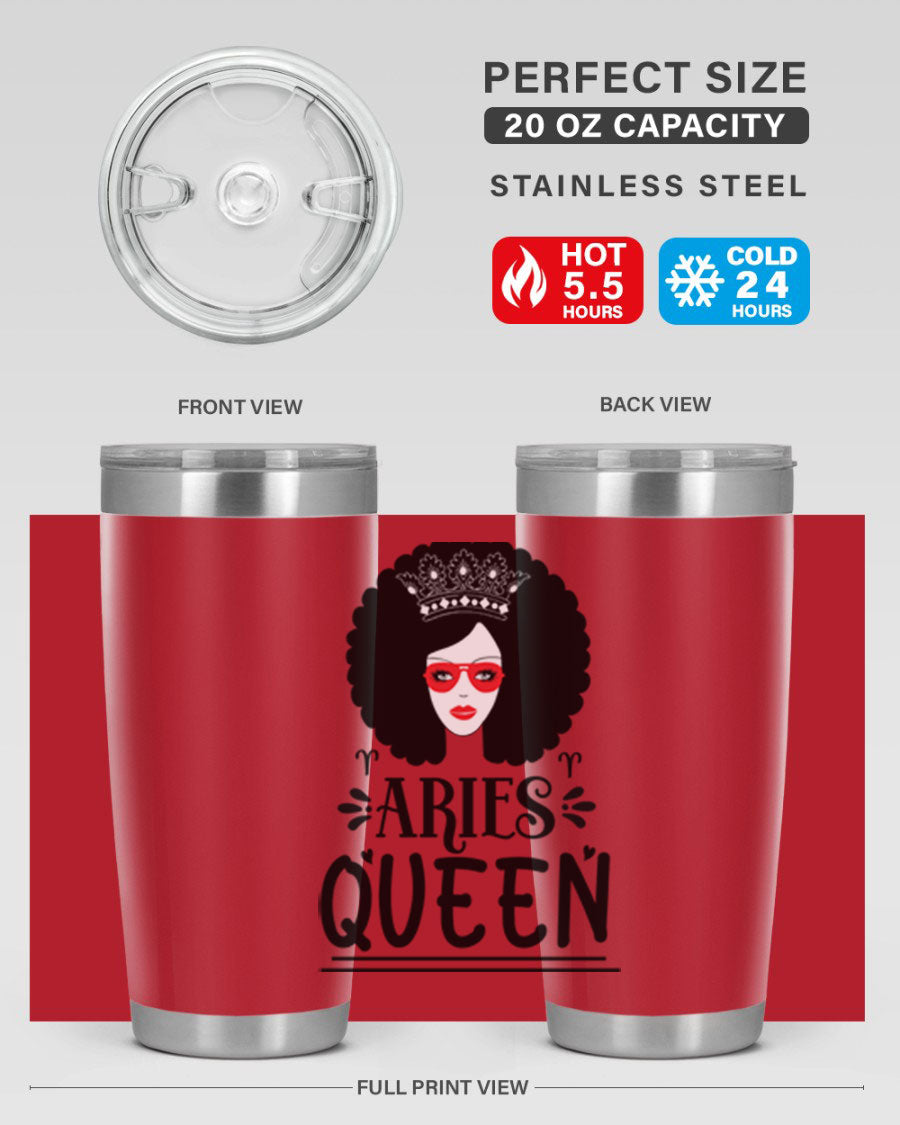 Aries Queen 20oz Tumbler featuring a stylish design, double wall vacuum stainless steel, and a drink-thru lid, perfect for hot and cold beverages.