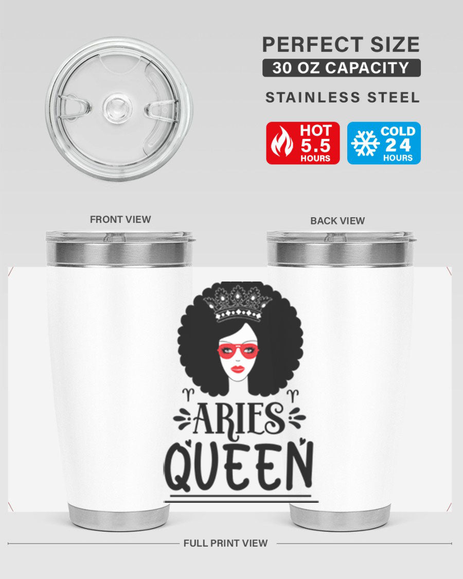 Aries Queen 20oz Tumbler featuring a stylish design, double wall vacuum stainless steel, and a drink-thru lid, perfect for hot and cold beverages.