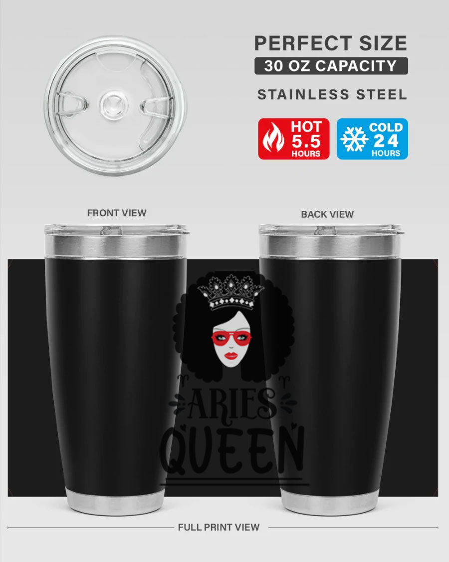 Aries Queen 20oz Tumbler featuring a stylish design, double wall vacuum stainless steel, and a drink-thru lid, perfect for hot and cold beverages.