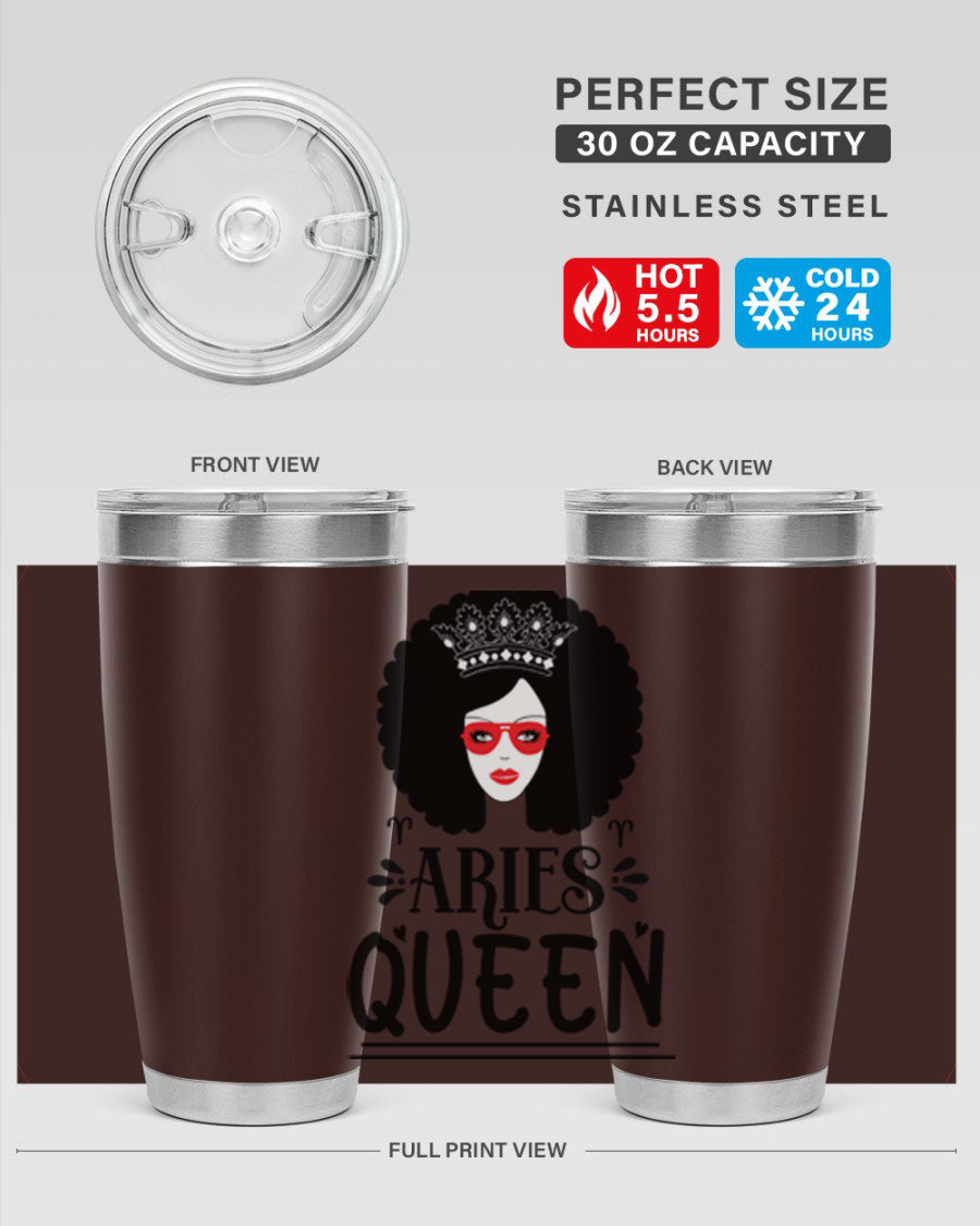 Aries Queen 20oz Tumbler featuring a stylish design, double wall vacuum stainless steel, and a drink-thru lid, perfect for hot and cold beverages.