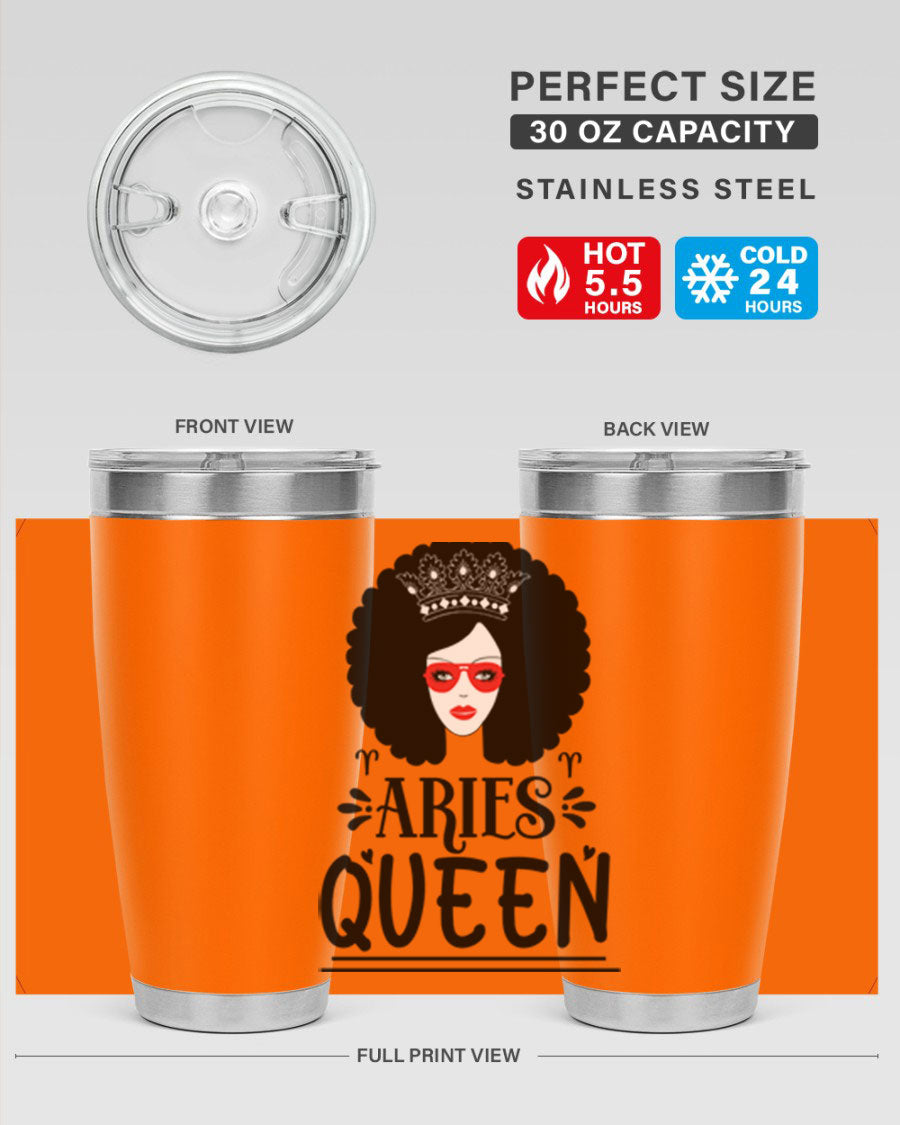 Aries Queen 20oz Tumbler featuring a stylish design, double wall vacuum stainless steel, and a drink-thru lid, perfect for hot and cold beverages.