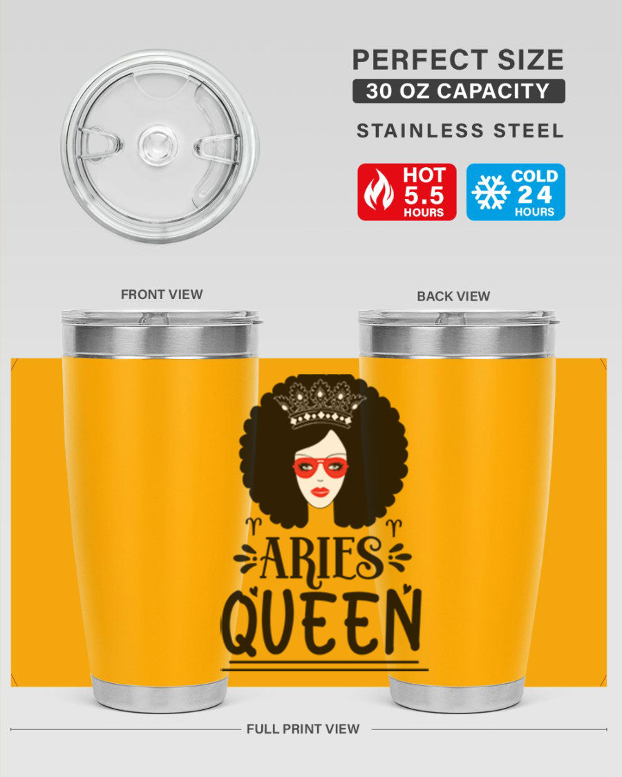 Aries Queen 20oz Tumbler featuring a stylish design, double wall vacuum stainless steel, and a drink-thru lid, perfect for hot and cold beverages.