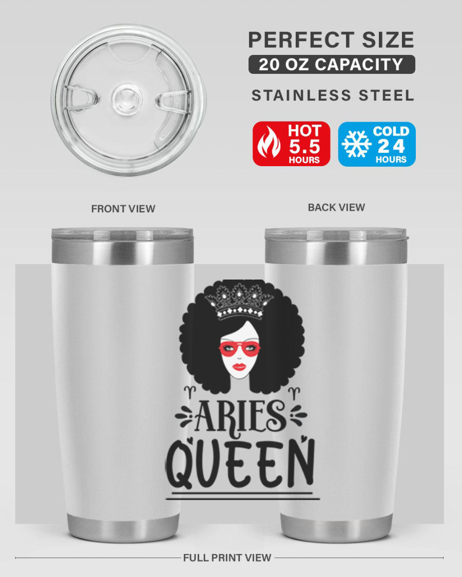 Aries Queen 20oz Tumbler featuring a stylish design, double wall vacuum stainless steel, and a drink-thru lid, perfect for hot and cold beverages.