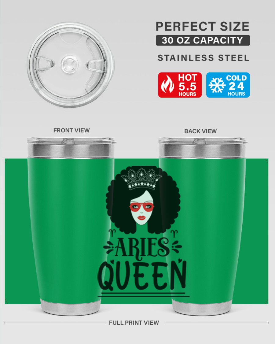 Aries Queen 20oz Tumbler featuring a stylish design, double wall vacuum stainless steel, and a drink-thru lid, perfect for hot and cold beverages.