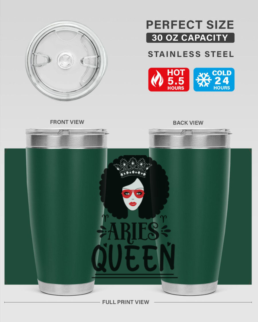 Aries Queen 20oz Tumbler featuring a stylish design, double wall vacuum stainless steel, and a drink-thru lid, perfect for hot and cold beverages.