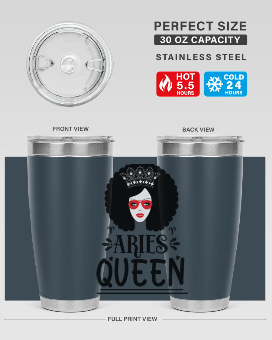 Aries Queen 20oz Tumbler featuring a stylish design, double wall vacuum stainless steel, and a drink-thru lid, perfect for hot and cold beverages.