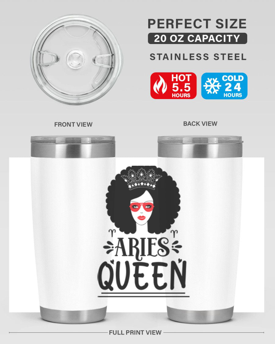 Aries Queen 20oz Tumbler featuring a stylish design, double wall vacuum stainless steel, and a drink-thru lid, perfect for hot and cold beverages.