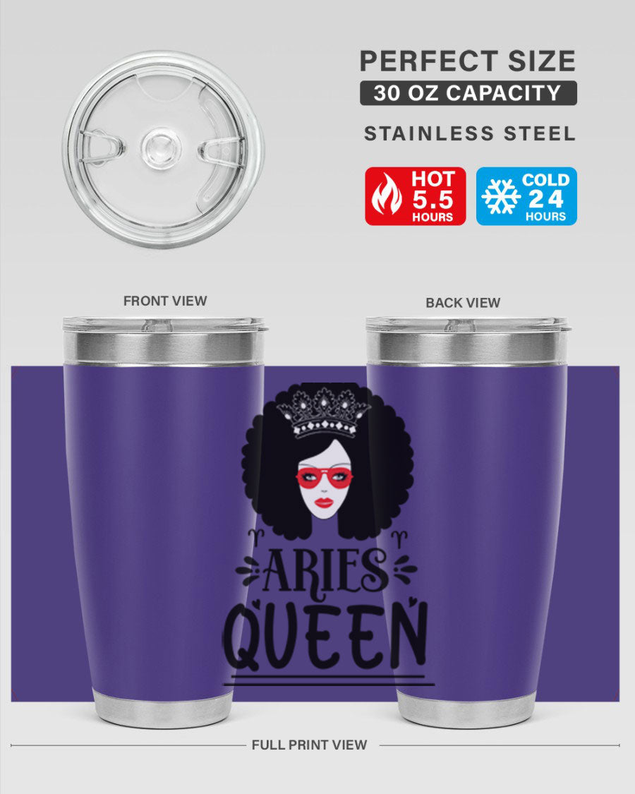 Aries Queen 20oz Tumbler featuring a stylish design, double wall vacuum stainless steel, and a drink-thru lid, perfect for hot and cold beverages.