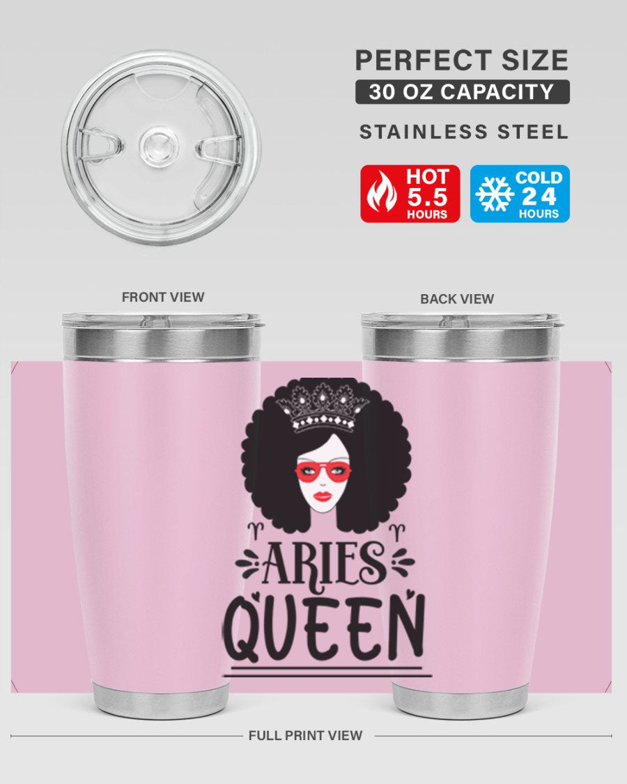 Aries Queen 20oz Tumbler featuring a stylish design, double wall vacuum stainless steel, and a drink-thru lid, perfect for hot and cold beverages.