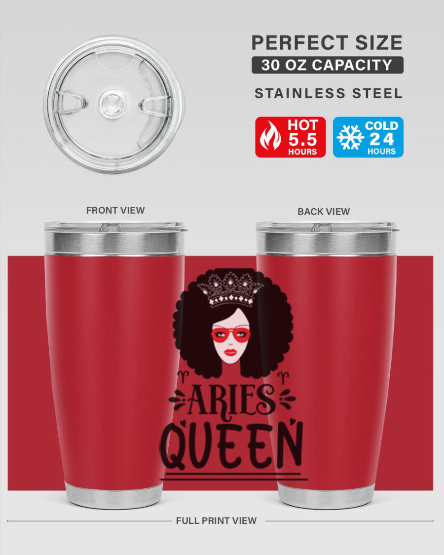 Aries Queen 20oz Tumbler featuring a stylish design, double wall vacuum stainless steel, and a drink-thru lid, perfect for hot and cold beverages.