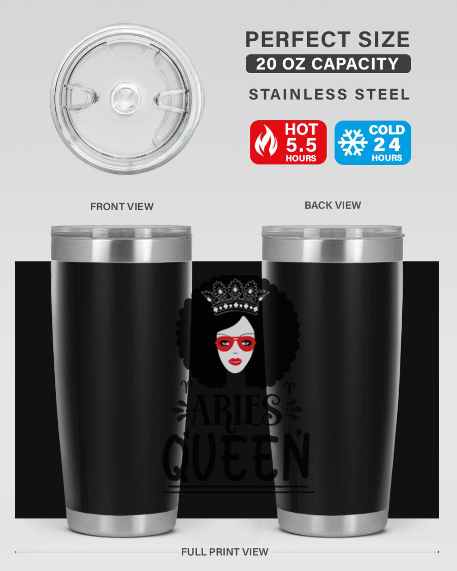 Aries Queen 20oz Tumbler featuring a stylish design, double wall vacuum stainless steel, and a drink-thru lid, perfect for hot and cold beverages.