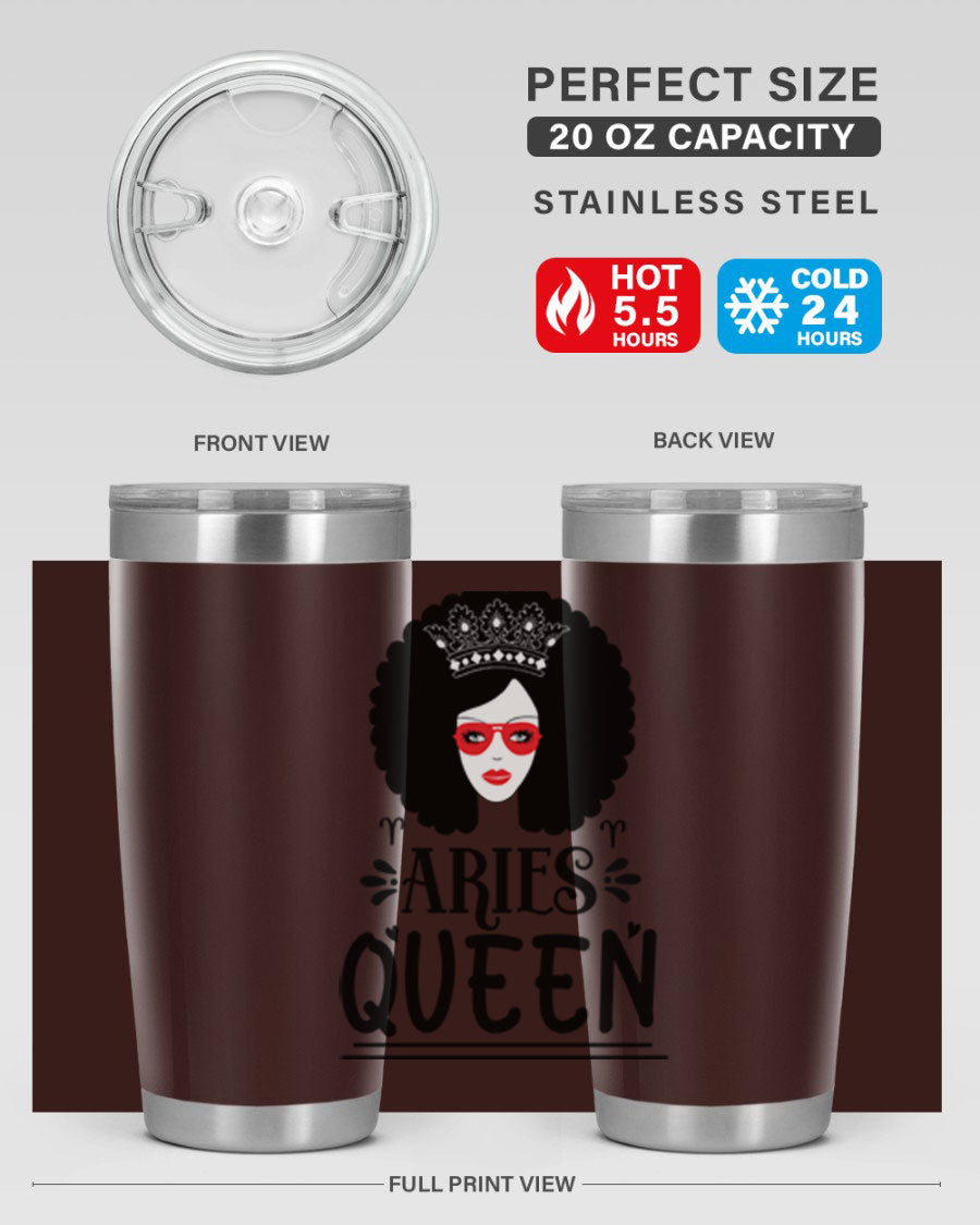 Aries Queen 20oz Tumbler featuring a stylish design, double wall vacuum stainless steel, and a drink-thru lid, perfect for hot and cold beverages.