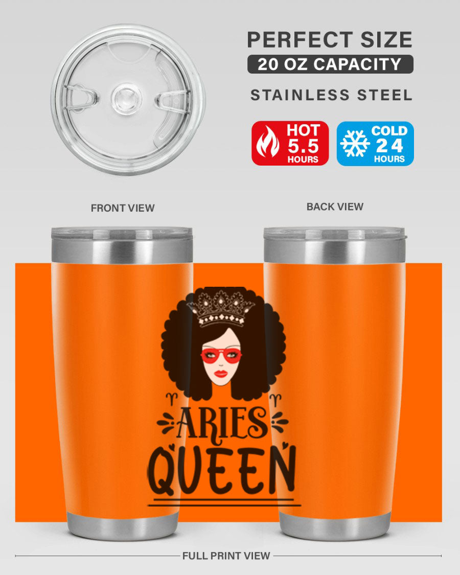 Aries Queen 20oz Tumbler featuring a stylish design, double wall vacuum stainless steel, and a drink-thru lid, perfect for hot and cold beverages.