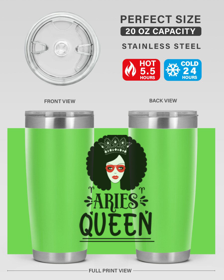 Aries Queen 20oz Tumbler featuring a stylish design, double wall vacuum stainless steel, and a drink-thru lid, perfect for hot and cold beverages.