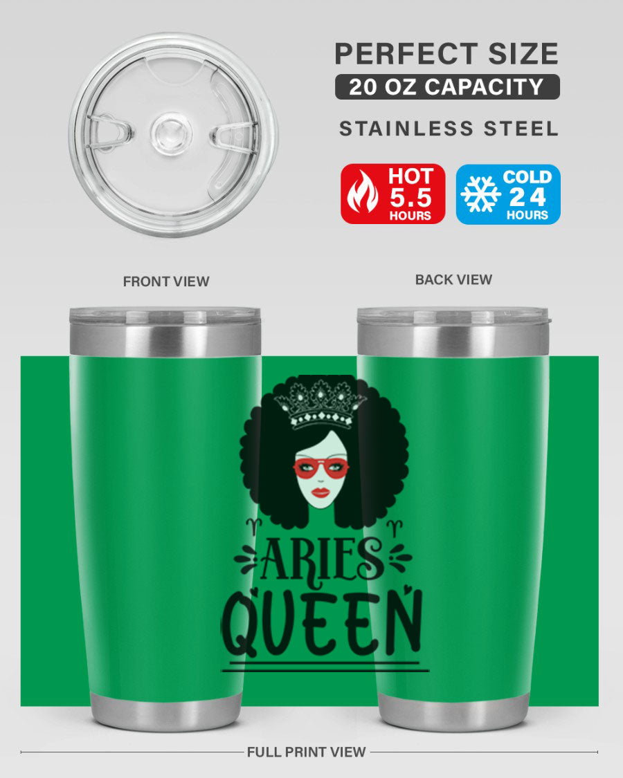 Aries Queen 20oz Tumbler featuring a stylish design, double wall vacuum stainless steel, and a drink-thru lid, perfect for hot and cold beverages.