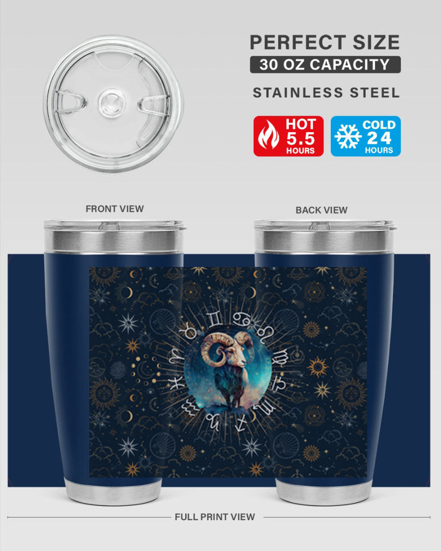 Aries Straight 95# Zodiac Tumbler in stainless steel with a sleek design, showcasing its double wall vacuum insulation and drink-thru lid.