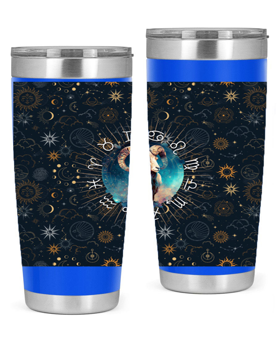 Aries Straight 95# Zodiac Tumbler in stainless steel with a sleek design, showcasing its double wall vacuum insulation and drink-thru lid.