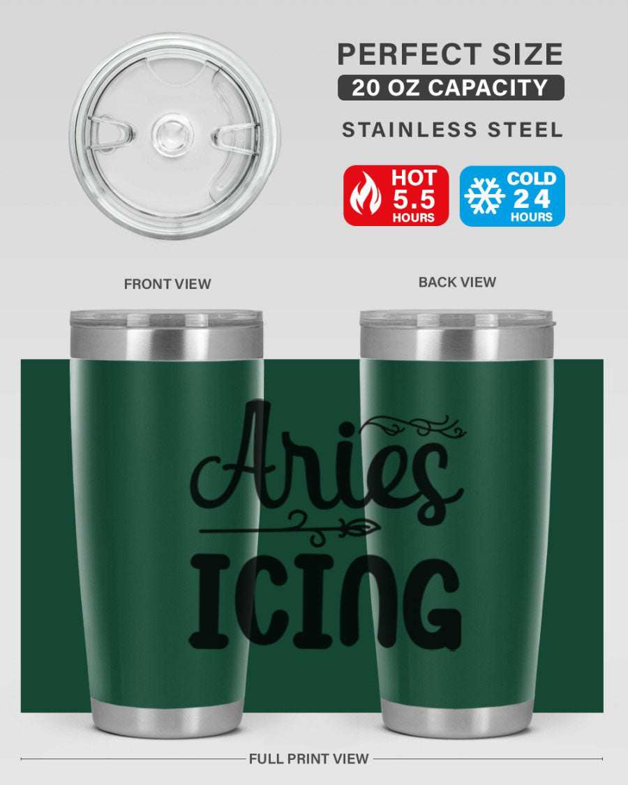 Ariesicing 106# Zodiac Tumbler in stainless steel with a vibrant zodiac design, perfect for hot and cold beverages.