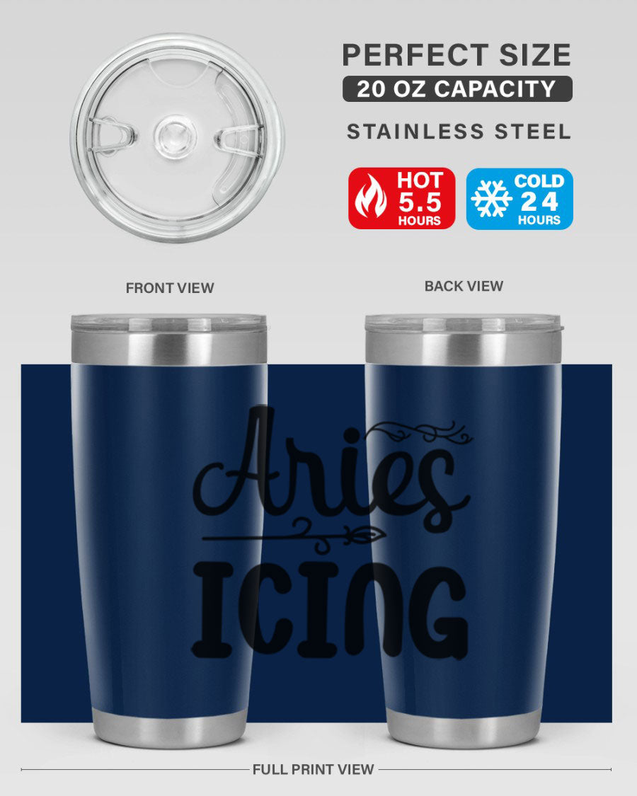 Ariesicing 106# Zodiac Tumbler in stainless steel with a vibrant zodiac design, perfect for hot and cold beverages.