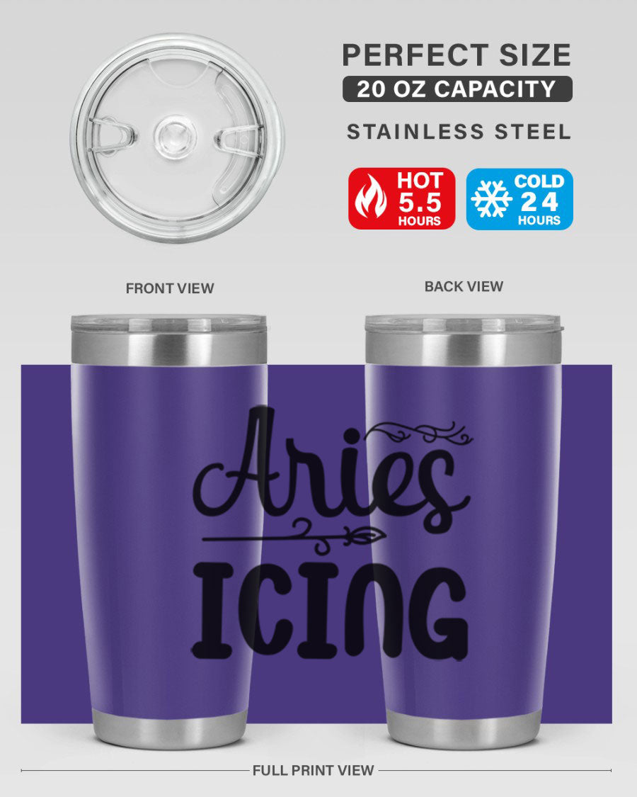 Ariesicing 106# Zodiac Tumbler in stainless steel with a vibrant zodiac design, perfect for hot and cold beverages.