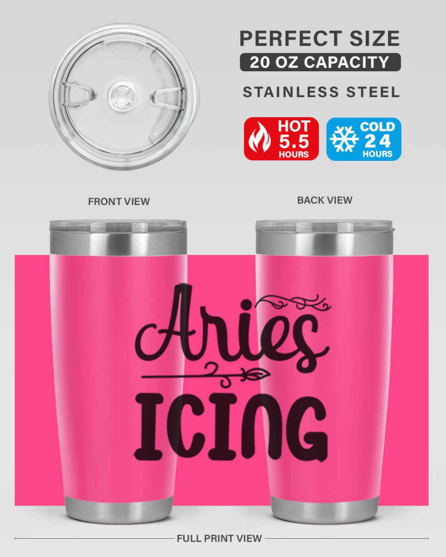 Ariesicing 106# Zodiac Tumbler in stainless steel with a vibrant zodiac design, perfect for hot and cold beverages.