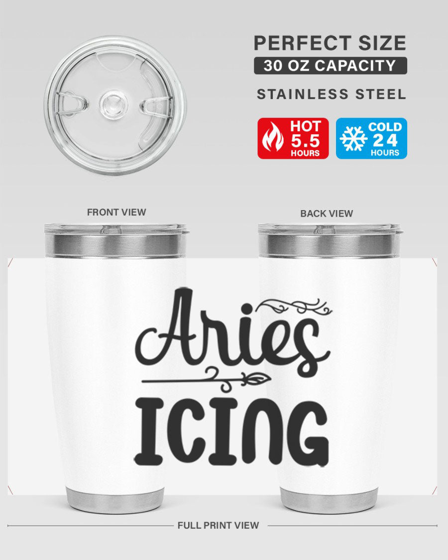 Ariesicing 106# Zodiac Tumbler in stainless steel with a vibrant zodiac design, perfect for hot and cold beverages.