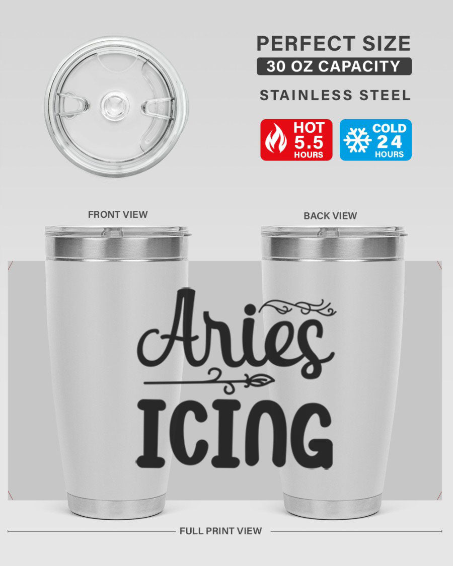 Ariesicing 106# Zodiac Tumbler in stainless steel with a vibrant zodiac design, perfect for hot and cold beverages.