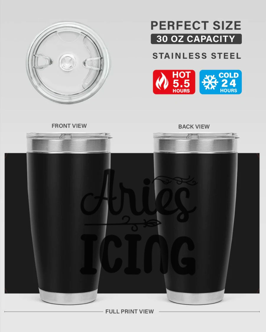 Ariesicing 106# Zodiac Tumbler in stainless steel with a vibrant zodiac design, perfect for hot and cold beverages.