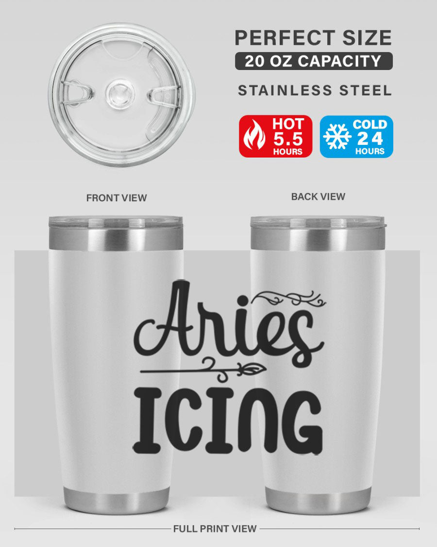 Ariesicing 106# Zodiac Tumbler in stainless steel with a vibrant zodiac design, perfect for hot and cold beverages.