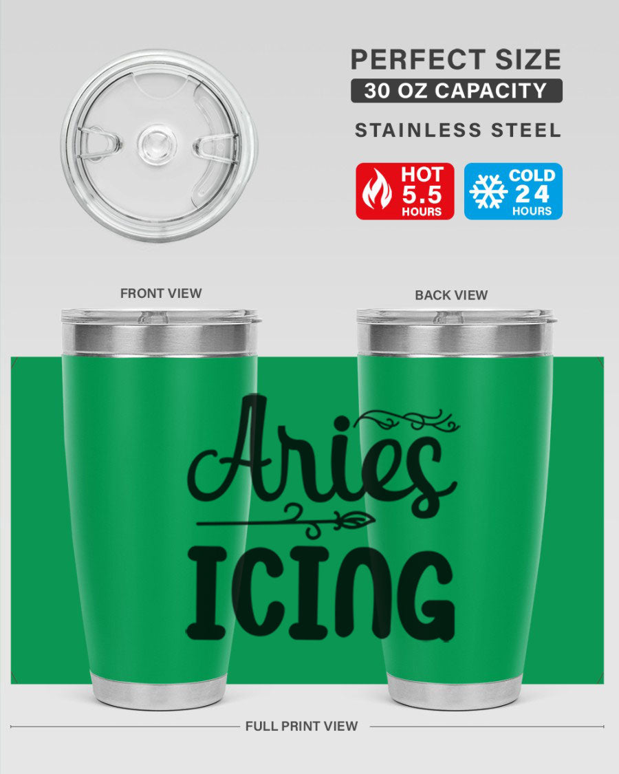 Ariesicing 106# Zodiac Tumbler in stainless steel with a vibrant zodiac design, perfect for hot and cold beverages.