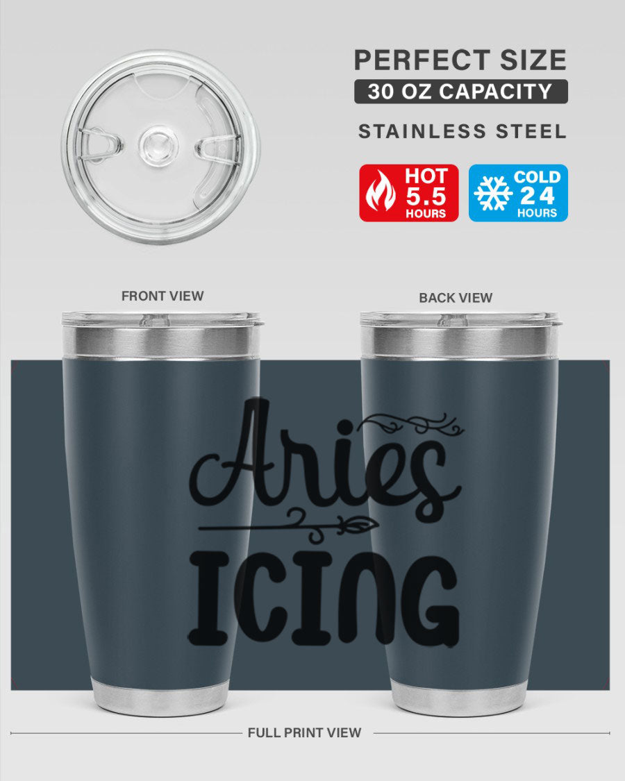 Ariesicing 106# Zodiac Tumbler in stainless steel with a vibrant zodiac design, perfect for hot and cold beverages.