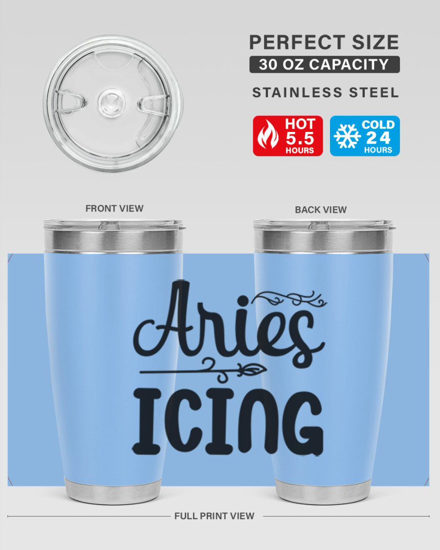 Ariesicing 106# Zodiac Tumbler in stainless steel with a vibrant zodiac design, perfect for hot and cold beverages.